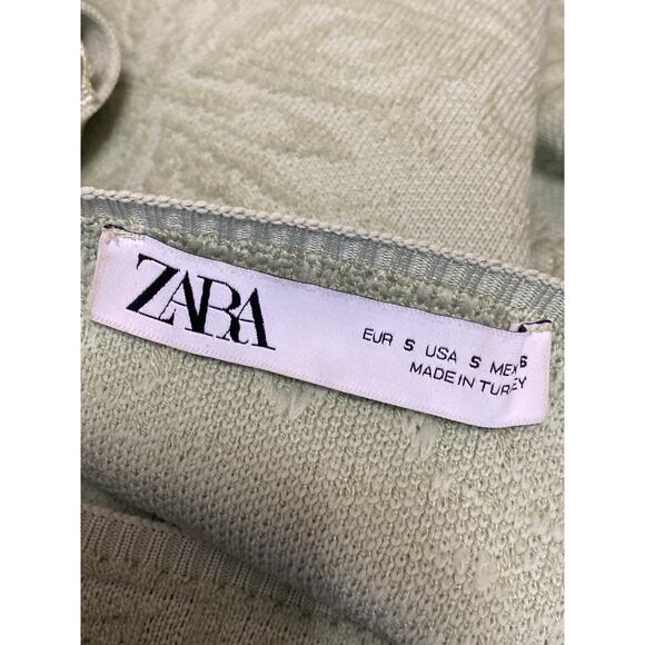 ZARA Light Green Jacquard Knit Short Puff Sleeve Square Neck Crop Blouse Top S - Picture 3 of 4